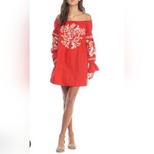 FREE PEOPLE Fleur Du Jour Off Shoulder Red Floral Embroidry Mini Dress Tunic Med